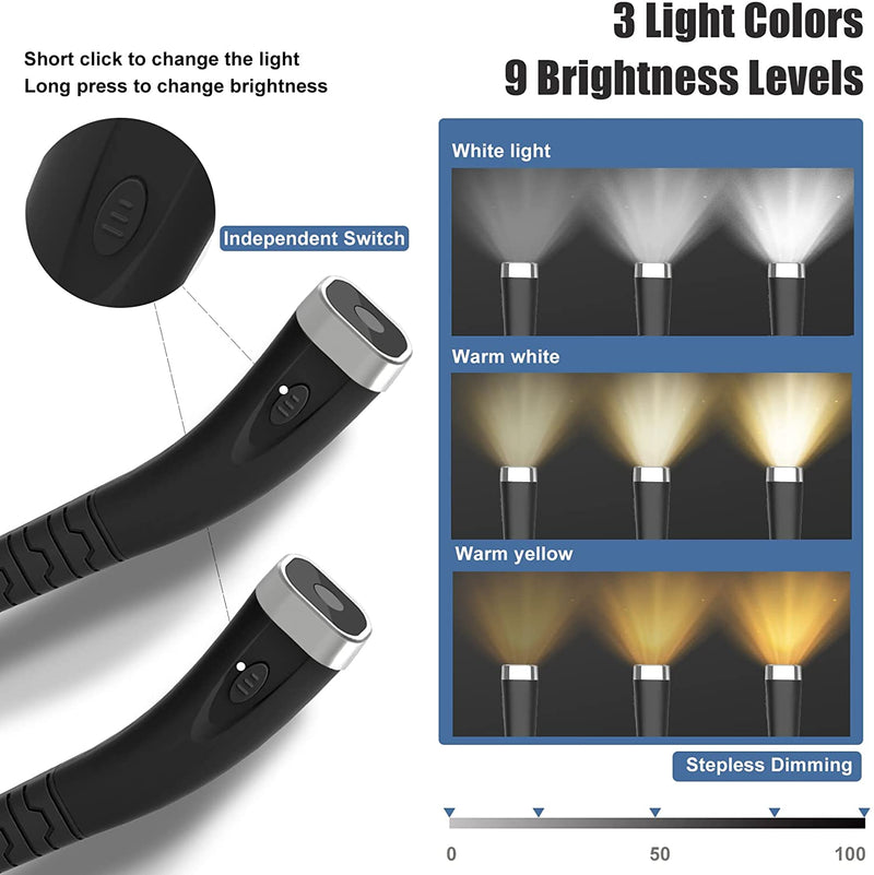 LED Neck Reading Light 3 Colors Stepless Dimming Brightness Rechargeable Book Light for Reading in Bed 4 Beads Hands Free Flexible Arms Neck Light for Reading, Camping, Knitting, Repairing