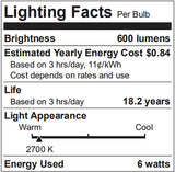 6 Pack 6W E26 Dimmable Warm White LED Bulb Set (US Standard)