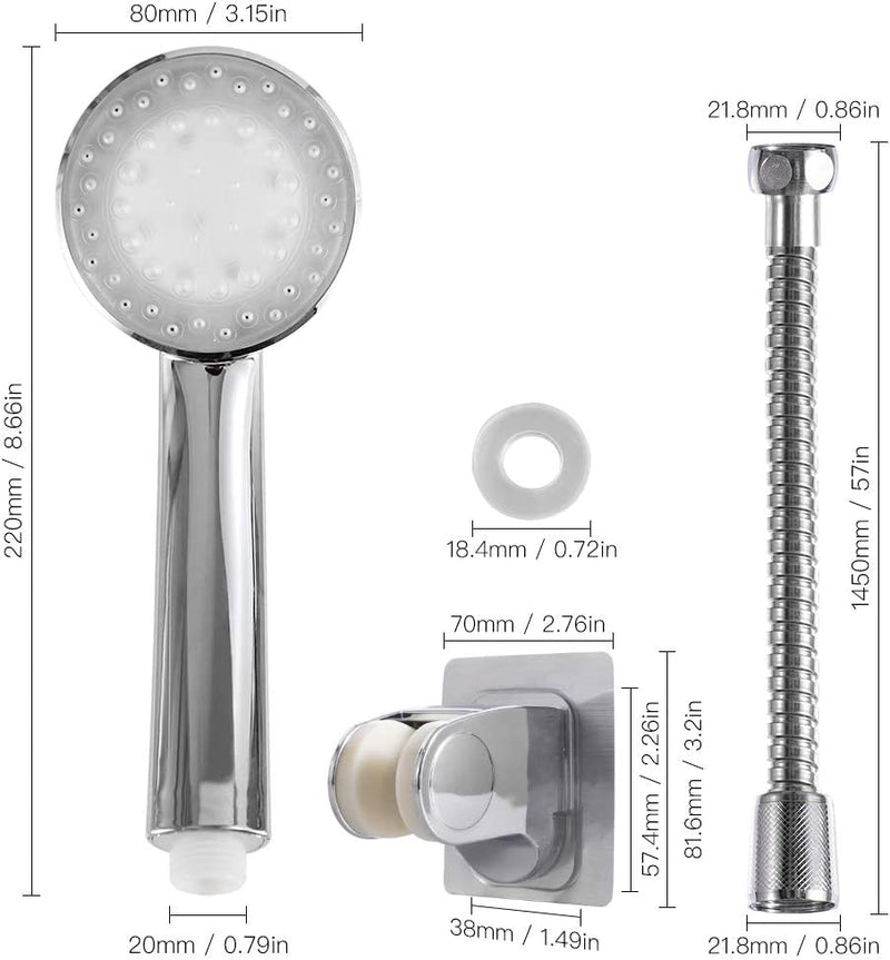 LEDGLE LED shower head with hose, shower head, hand shower, 3 colors, temperature control, color change and holder without drilling, water-saving, pressure-increasing, universal shower head